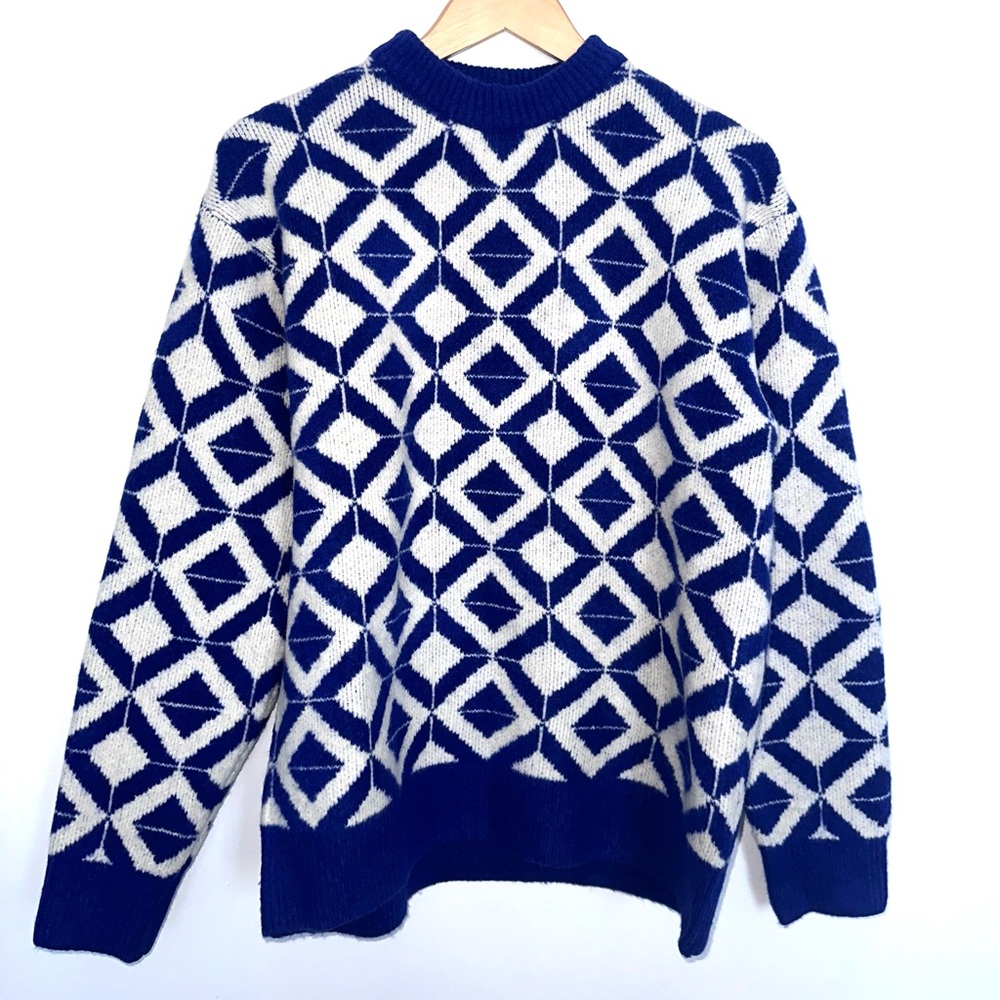 Zara Men's Sweater Blue White Diamond Geometric Size M Crewneck Pullover
